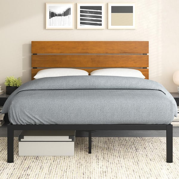 Brown Metal and Bamboo Frame Queen Platform Bed with Wood Slat Support
