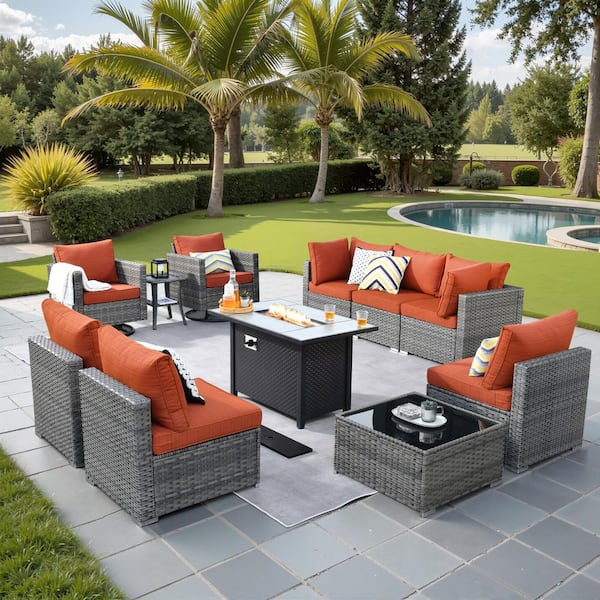 Sanibel Gray 11-Piece Wicker Patio Conversation Fire Pit Sectional Sofa Set with Swivel Chairs and Orange Red Cushions