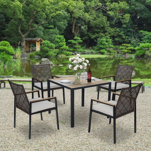 TENGYA LLC 5-Piece Wicker Outdoor Dining Set with Washed Beige Cushion, All Weather Patio Conversation Set for Lawn Garden Backyard