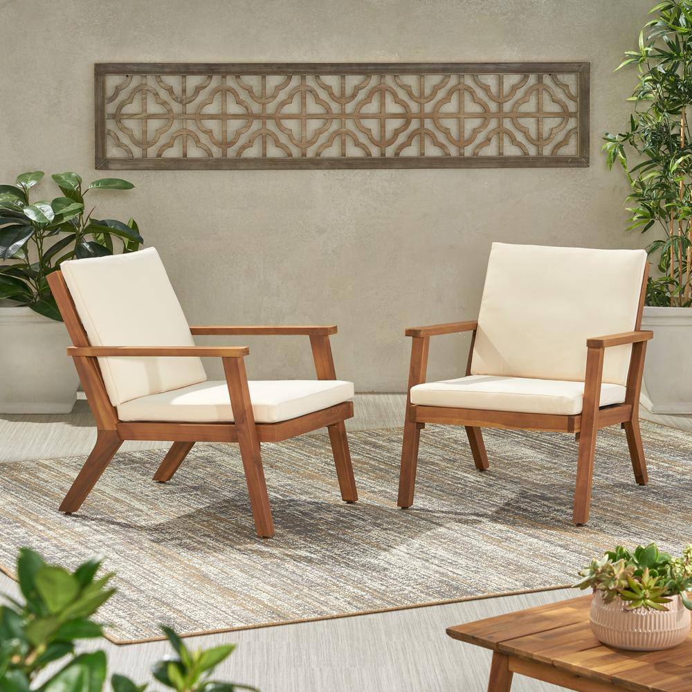 Set of 2 wooden outdoor club lounge chairs for garden patio with beige cush