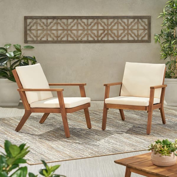 Unbranded Set of 2 wooden outdoor club lounge chairs for garden patio with beige cushions