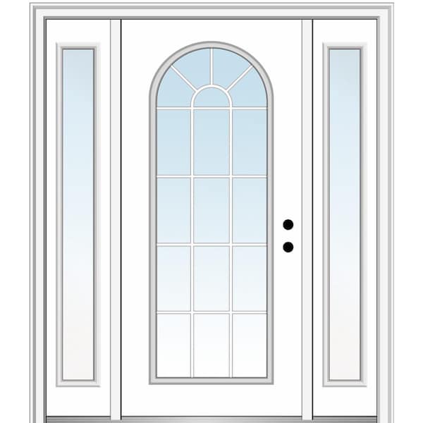 MMI Door 64.5 in. x 81.75 in. Classic Left-Hand Full Lite Round Top Clear Painted Fiberglass Prehung Front Door with Sidelites