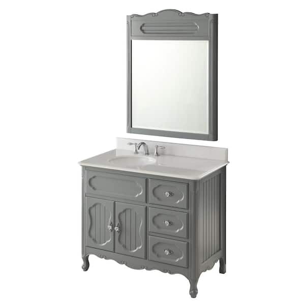 Benton Collection Knoxville 42 in. W x 21 in. D x 35 in. H Bathroom Vanity in Gray with Single Sink White Marble Top and Mirror