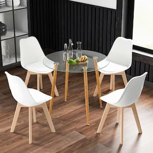 White Dining Table Set for 4 Modern Kitchen Table Set with Round GlassTempeTable and 4 Chairs