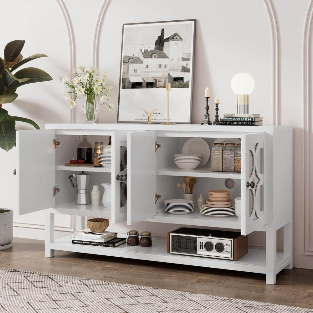 60 in. Antique White Rectangle Wood Console Table with Mirrored Doors and Open Shelf