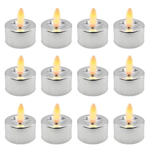 Battery Operated 3D Wick LED Tea Lights, Silver - Set of 12