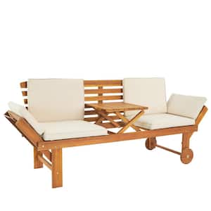 Acacia Wood Outdoor Chaise Lounge with Lift Table and White Cushions