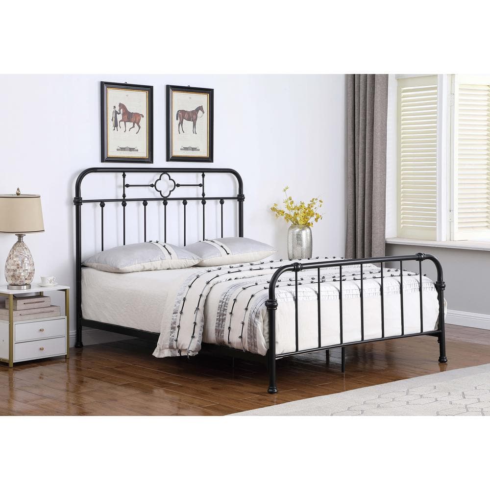 Matte Black Queen Metal Bed with Upholstered Headboard