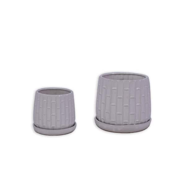 (Set of 2) Modern White Ceramic Flower Pots with Striped Pattern-Indoor and Outdoor Patio Planters