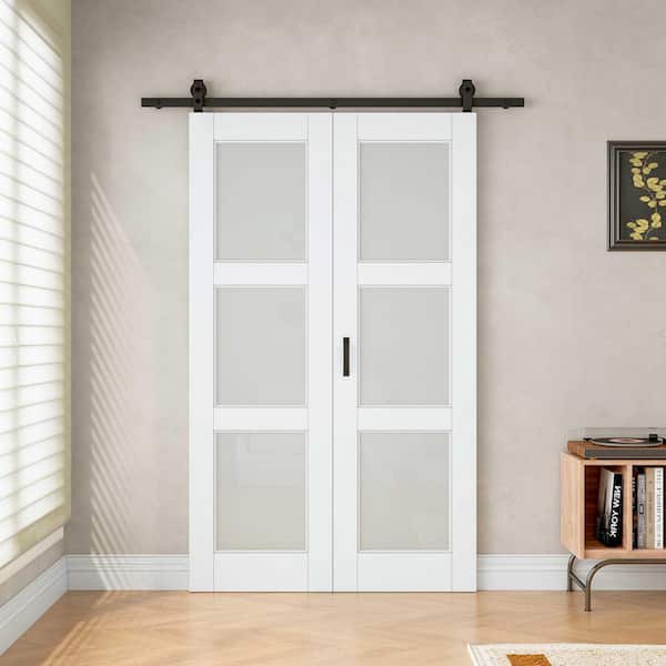 48 in. x 80 in. 3 Lite Tempered Frosted Glass White Primed MDF DIY Painting Bifold Sliding Barn Door with Hardware Kit