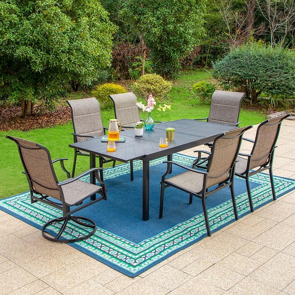 PHI VILLA Black 7-Piece Metal Outdoor Dining Set with Extensible Carve Pattern Table and Padded Swivel Rocker Texitilene Chairs