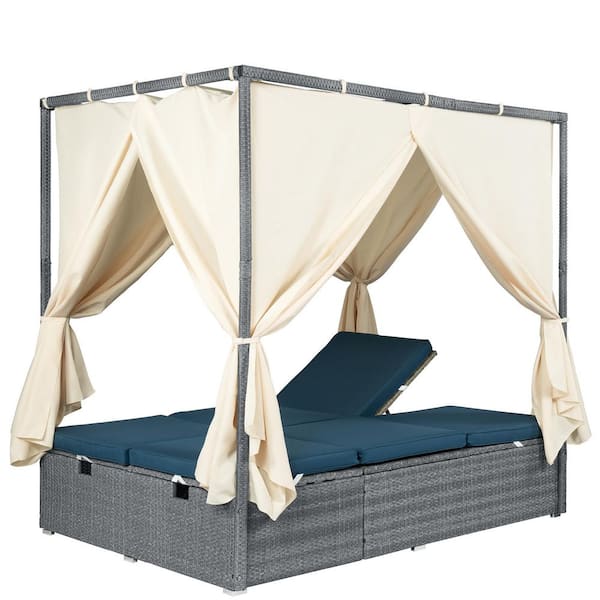 PE Rattan Wicker Outdoor Day Bed with Dark Blue Cushion, Canopy, Multi-Position Recline and Removable for Patio, Garden