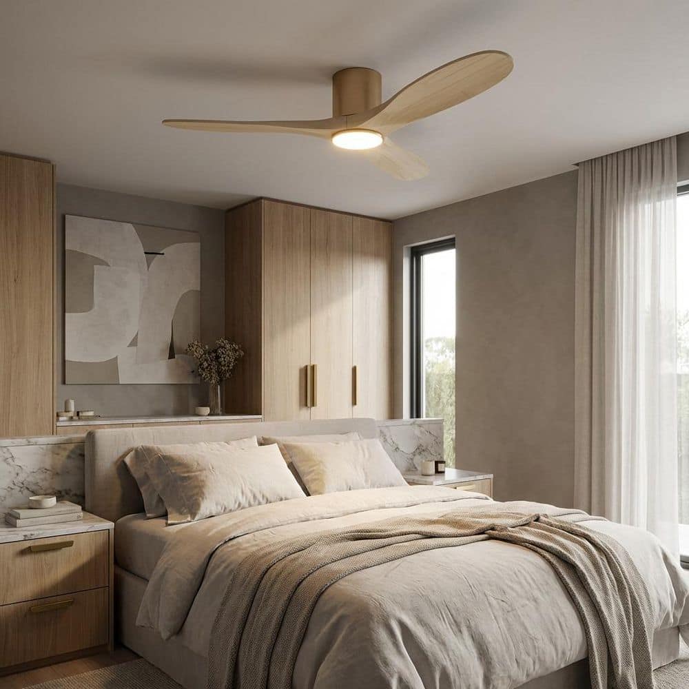 Maverick Smart 52 in. Hugger Burnished Brass/Washed White Oak Indoor/Outdoor Modern LED Ceiling Fan with Remote Included price history on PriceWatchPro