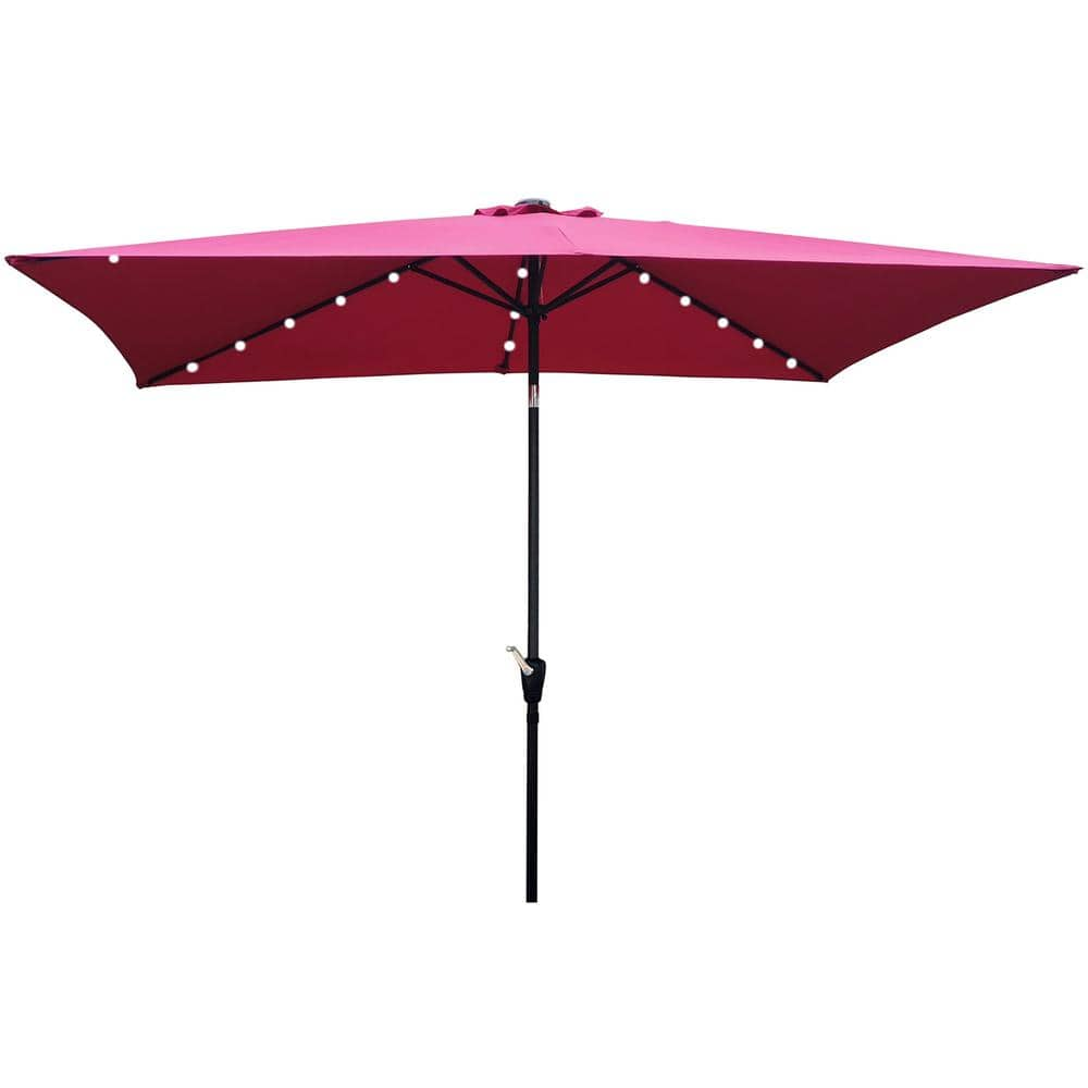 10ft Burgundy Solar Led Powder Coated Aluminum Rectangular Outdoor Patio Market Umbrella With Crank Button Tilt System