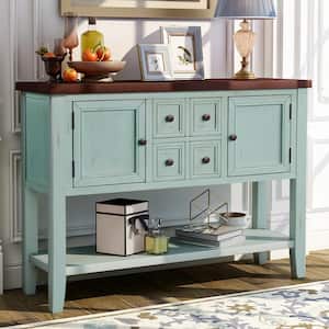 46 in. Retro Blue Rectangle Wood Console Sofa Table Buffet Sideboard with 4-Storage Drawers 2-Cabinets and Shelf