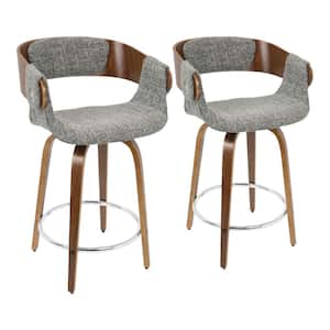 Elisa 33 in. Counter Height Bar Stool in Grey Fabric and Walnut Wood (Set of 2)