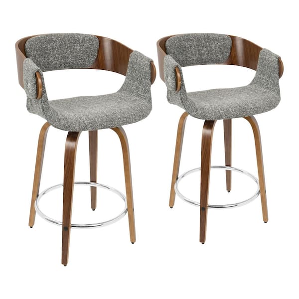 Lumisource Elisa 33 in. Counter Height Bar Stool in Grey Fabric and Walnut Wood (Set of 2)