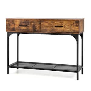 39.5 in. Rustic Brown Rectangle Wooden Console Table Couch with 2-Drawers Metal Frame Entryway Table for Living Room