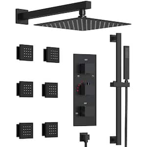Thermostatic Valve 5-Spray Wall Mount 12 in. Fixed and Handheld Shower Head 2.5 GPM in Matte Black