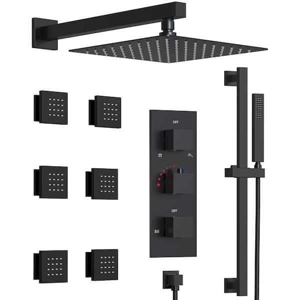 GRANDJOY Thermostatic Valve 5-Spray Wall Mount 12 in. Fixed and Handheld Shower Head 2.5 GPM in Matte Black