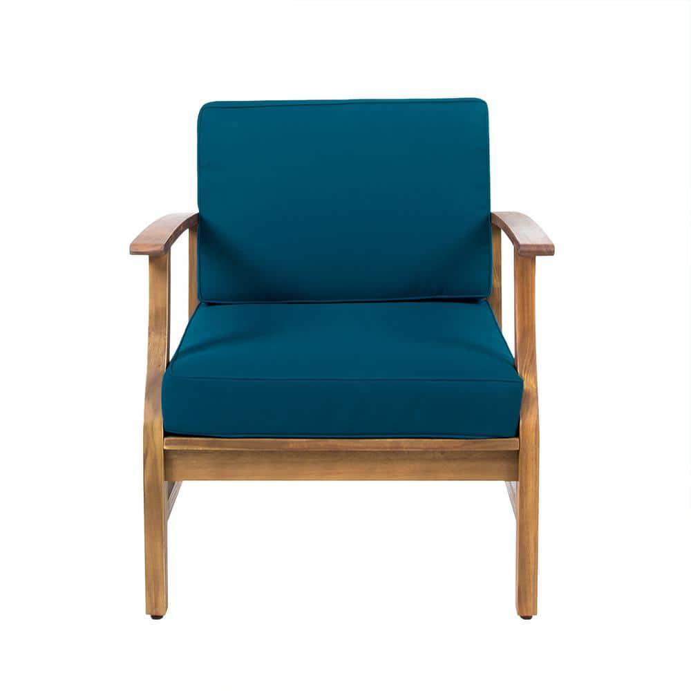 Acacia Wood Outdoor Patio Lounge Club Chair for Patio Garden with Blue Cush