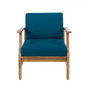 Acacia Wood Outdoor Patio Lounge Club Chair for Patio Garden with Blue Cushions