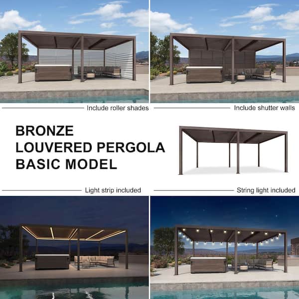 12 ft. x 20 ft. Bronze Aluminum Frame Patio Hardtop Louvered Pergola with Adjustable Sunshade Roofs and In-Built Gutter