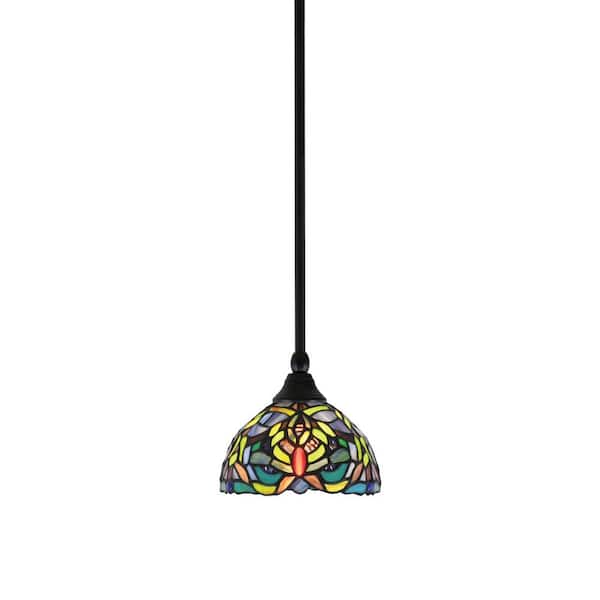 Unbranded Sparta 100-Watt 1-Light Matte Black Shaded Pendant Light Mini Pendant with Kaleidoscope Art Glass, No Bulb included