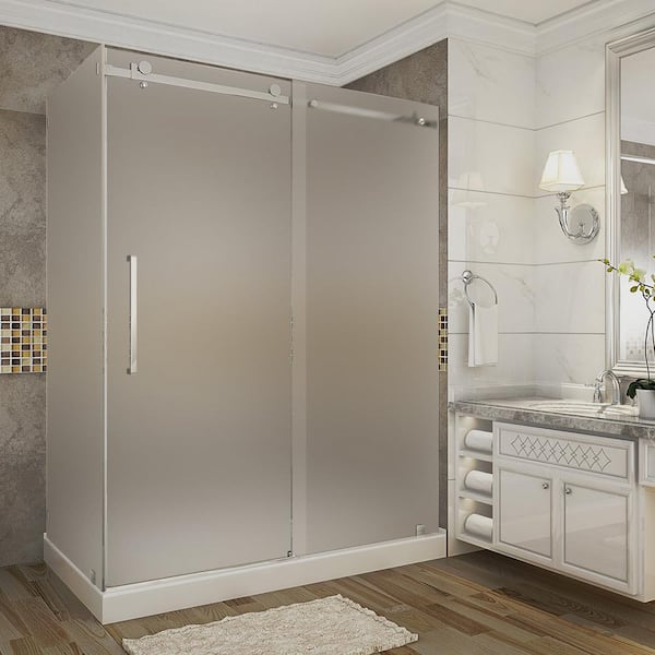 Aston Moselle 60 in. x 35 in. x 77.5 in. Frameless Sliding Shower Enclosure and Frosted in Chrome with Right Base
