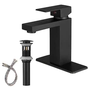 Single-Handle Single-Hole Bathroom Faucet Deck Mount Sink Basin Faucets with Drain Kit Deckplate Included in Matte Black