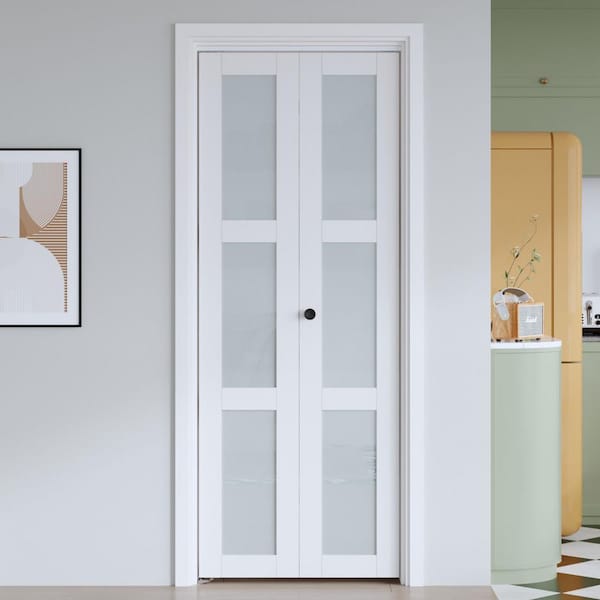 30 in. x 96 in. 3-Lite Frosted Glass White Finished Solid Core MDF Bi-fold Door with Hardware Kit