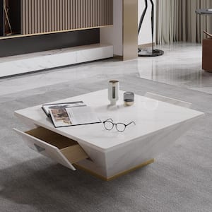 35.43 in.White Square Modern Trapezoid Marble Drum Coffee Table