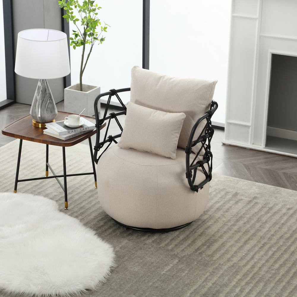 Fashionable Upholstered Tufted Textured Linen Fabric Barrel Chair with Meta
