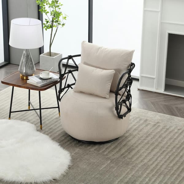 aisword Fashionable Upholstered Tufted Textured Linen Fabric Barrel Chair with Metal Stand - Beige