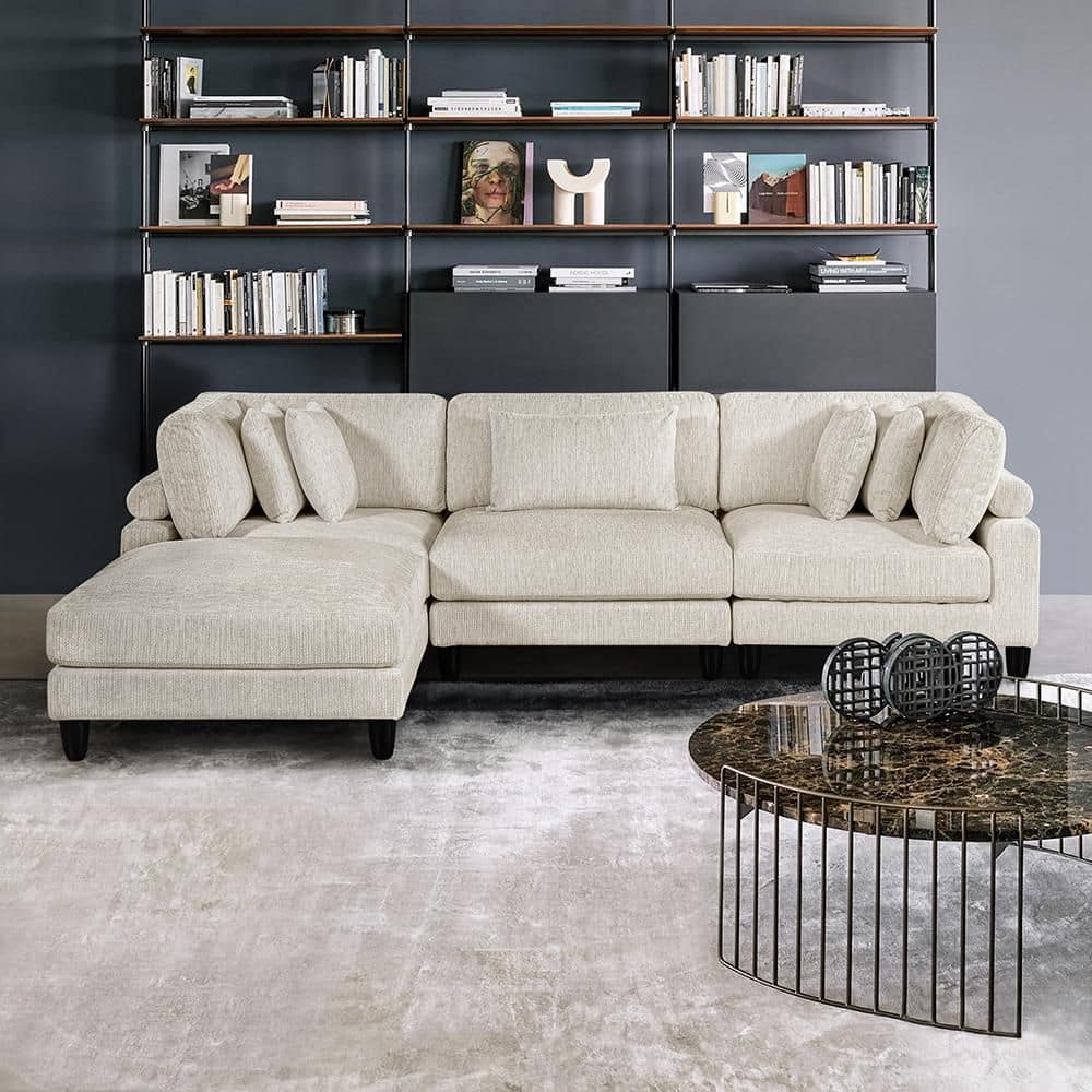 Laurelton 120 in. Pillow Top Arm 4-Piece Microfiber Fabric Modular Sectional Sofa with Ottoman in. Beige