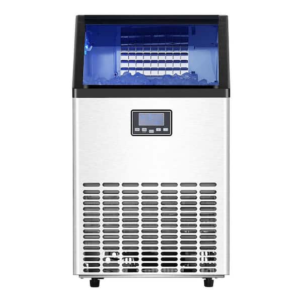 100lbs./24H Commercial Ice Maker 33lbs. Storage 15.7in.W & Drain Pump 45 Full Size Cubes in 15 Mins Freestanding Silver