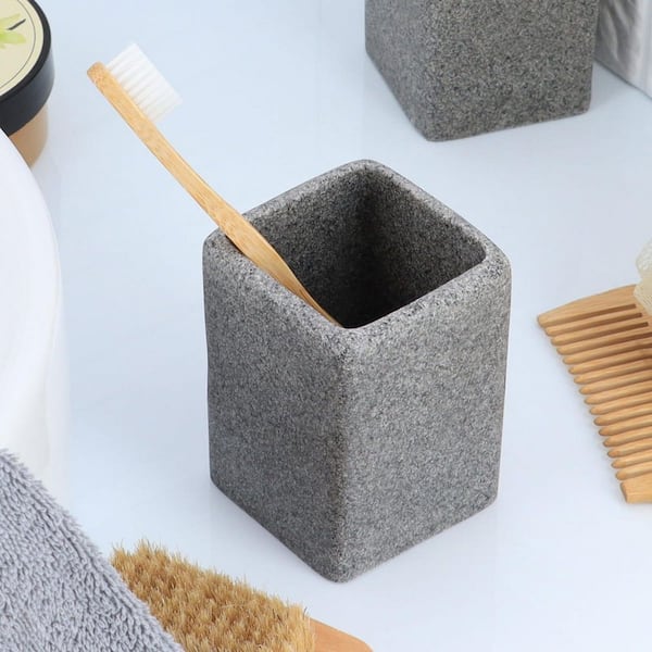 Bath D Soap Dish Cup Dispenser Grey and Bamboo Tray