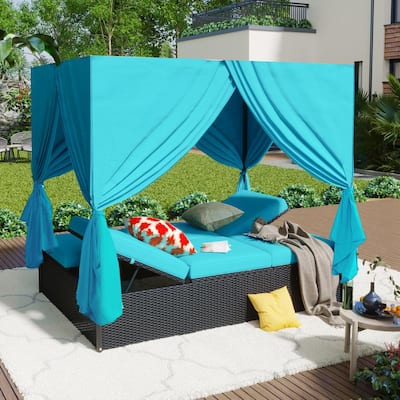 Black Wicker Outdoor Adjustable Seats Day Bed with Blue Cushions and Blue Canopy