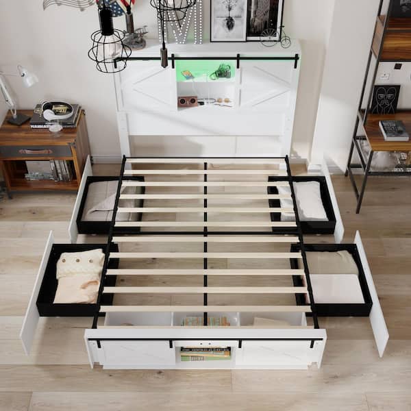 White Wood Frame Queen Panel Bed with Built-in RGB Light and Bluetooth Control, USB and AC Outlets