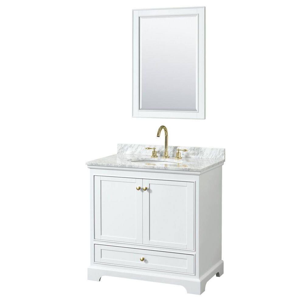 Deborah 36'' White Single Bathroom Vanity with Carrara Marble Top and Gold Trim