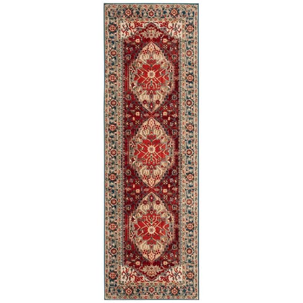 Kashan 3 ft. x 10 ft. Blue/Red Border Runner Rug