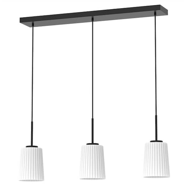 YANSUN 28 in. 3-Light Black Pendant Light withGlass Shade, Farmhouse Ceiling Lamp for Kitchen Island, Dining Room