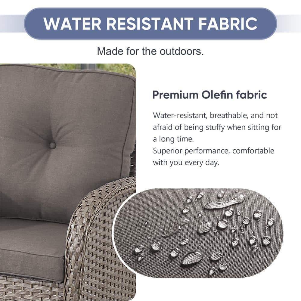 Gray Wicker 3-Piece Outdoor Rocking Chair Set with Cushions and Glass Table