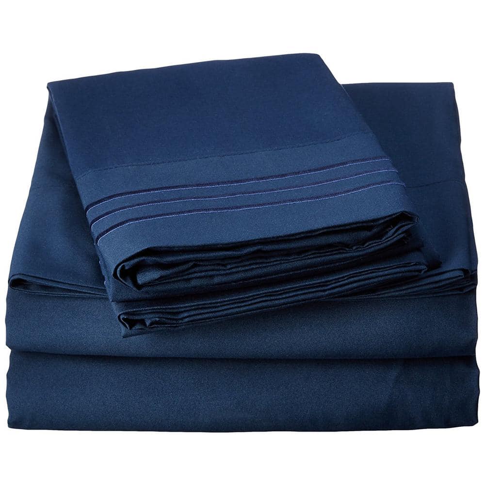4-Piece Navy Blue Solid Microfiber Full Sheet Set