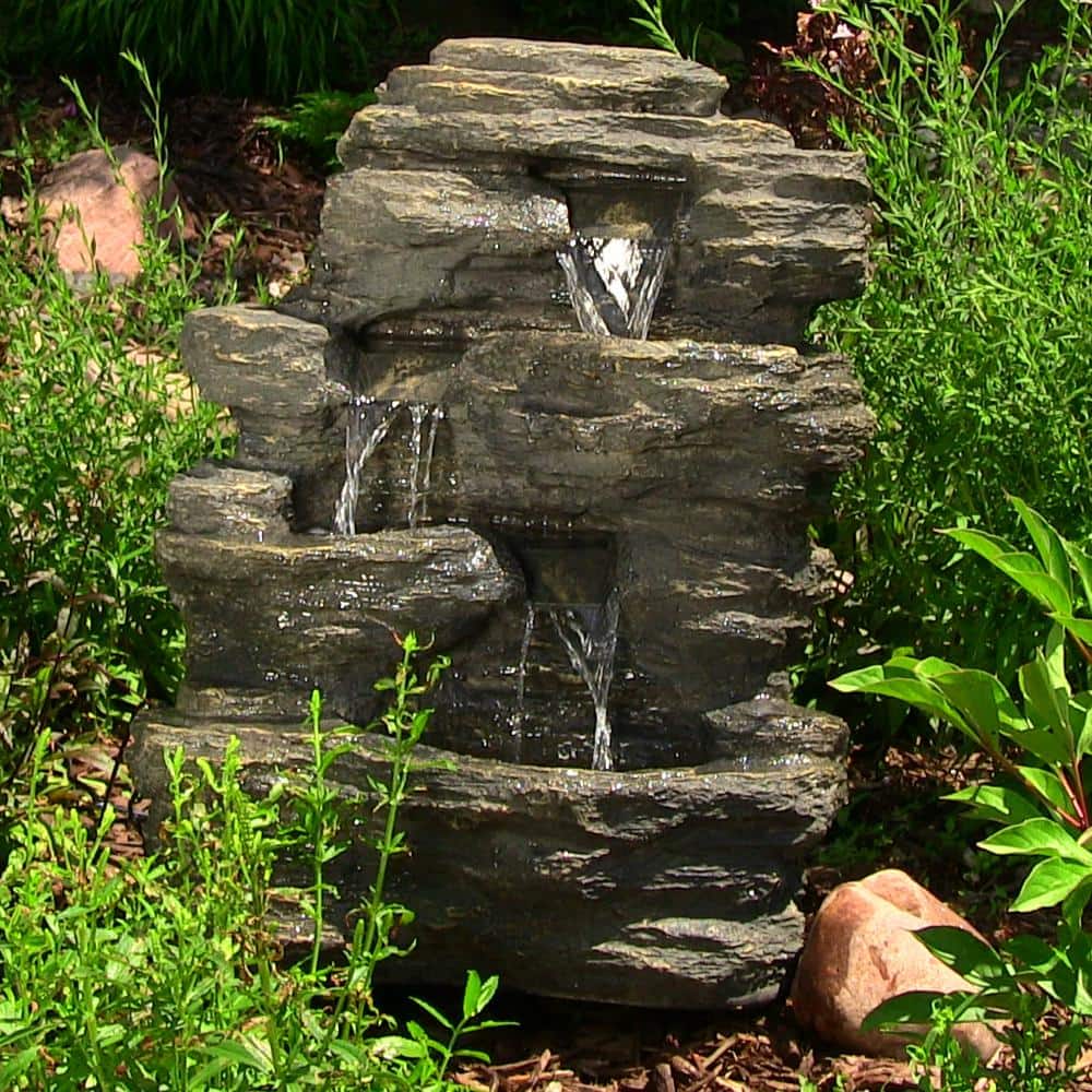 Gray Polystone Rocky Falls Outdoor Fountain with LED Lights
