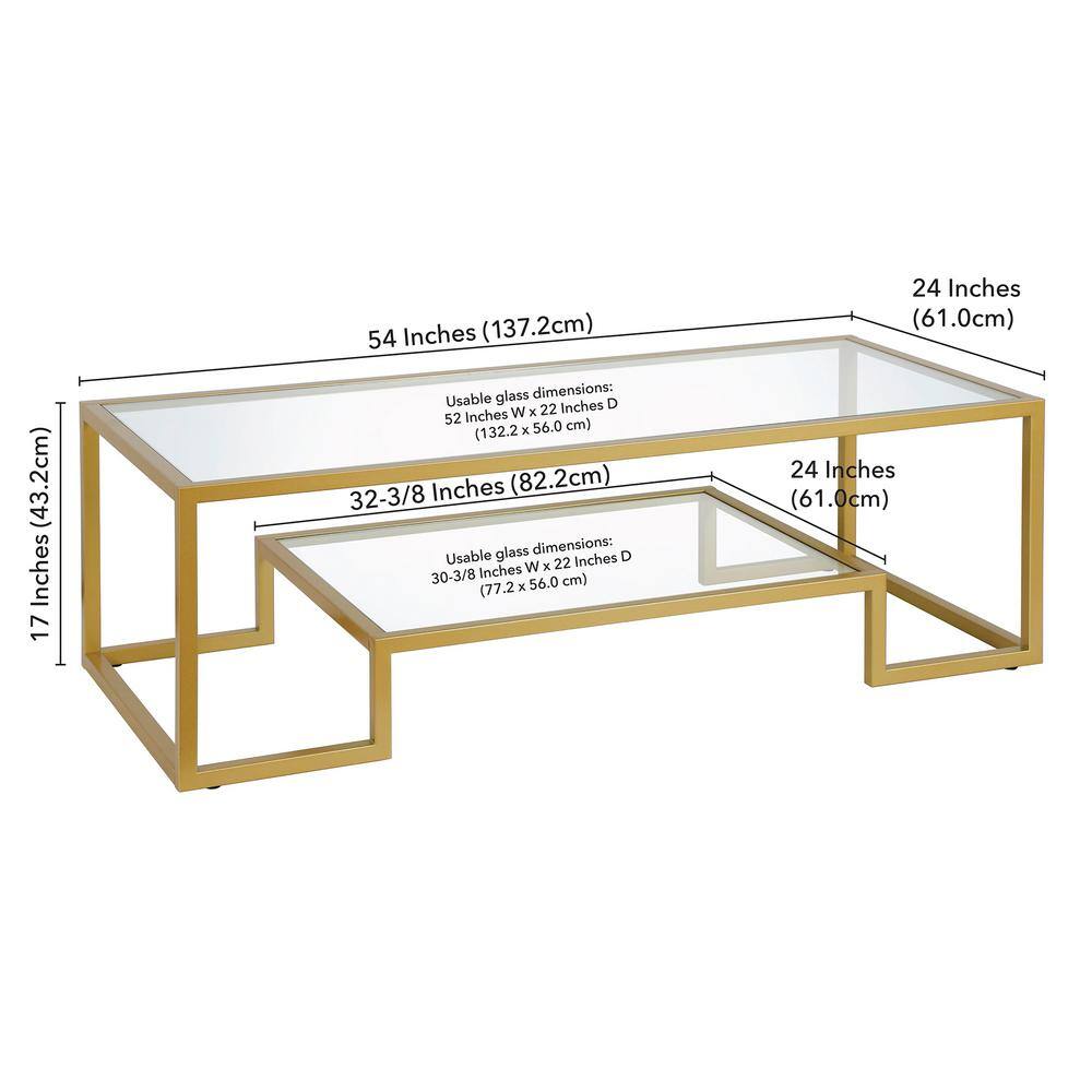 Athena 54" Brass and Glass Rectangular Coffee Table