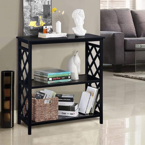 3-Tier Kitchen Pantry with Storage Shelves, Console Table, Open Bookshelf with Solid Wood Legs for Living Room, Black