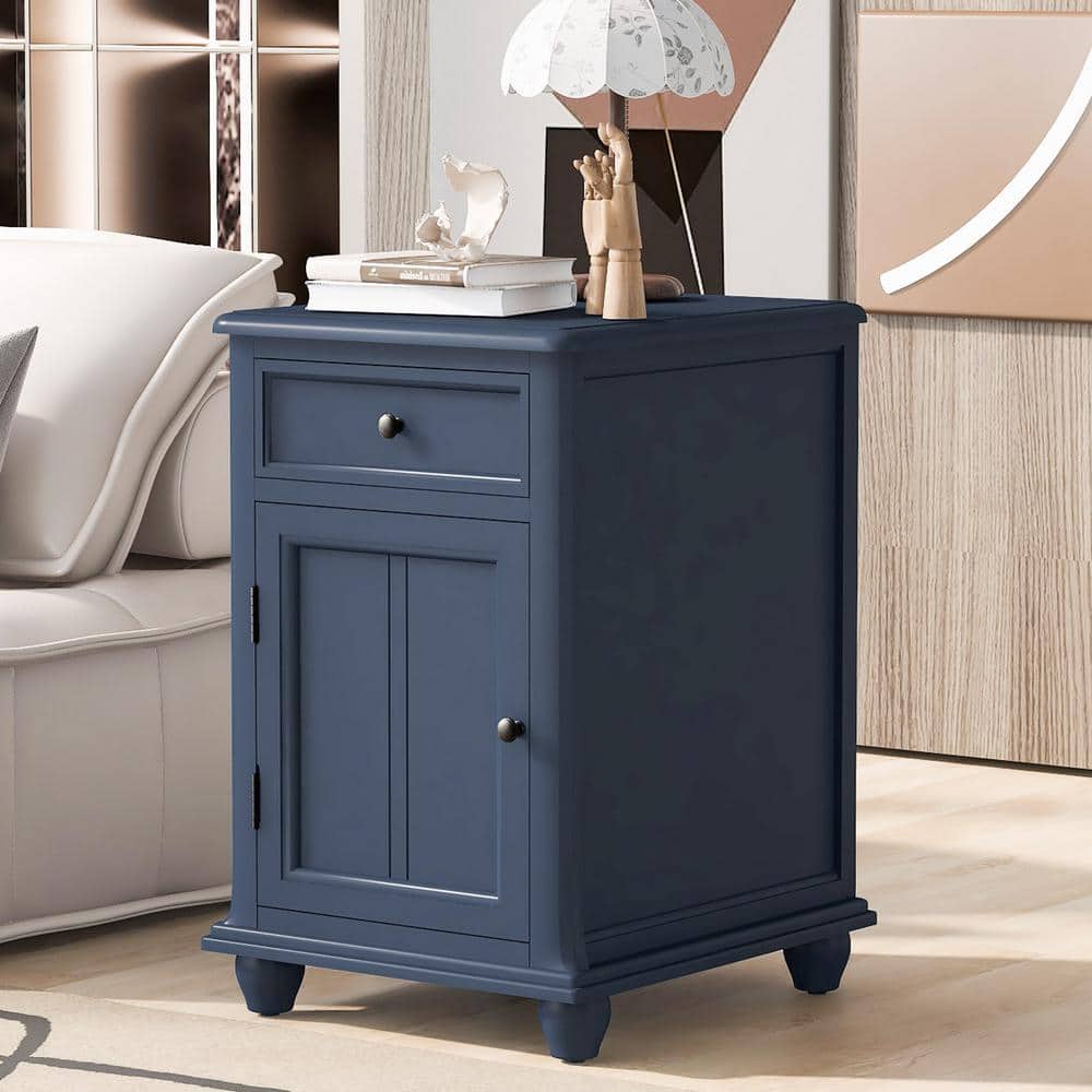 18 in. W Antique Navy Rectangular Solid Wood End Table, Side Table with USB