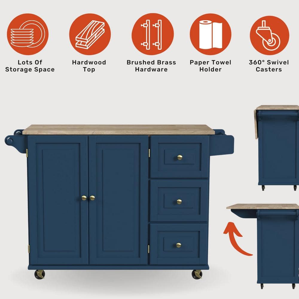 Blue Wood Drop Leaf Kitchen Cart with Spice Rack