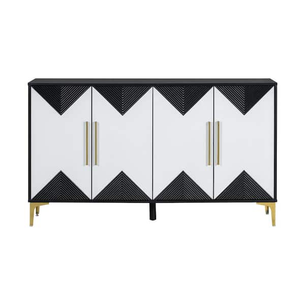 59.8 in. W x 15.7 in. D x 34.6 in. H Black Linen Cabinet with 2-Tone Triangular Pattern Doors for Entryway, Hallway